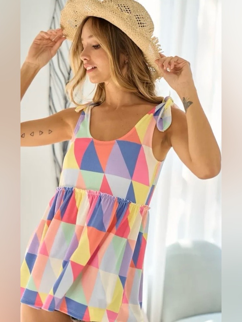 BIBI Multi Color Block Brushed Tied Ribbon Top - Picture 2 of 12